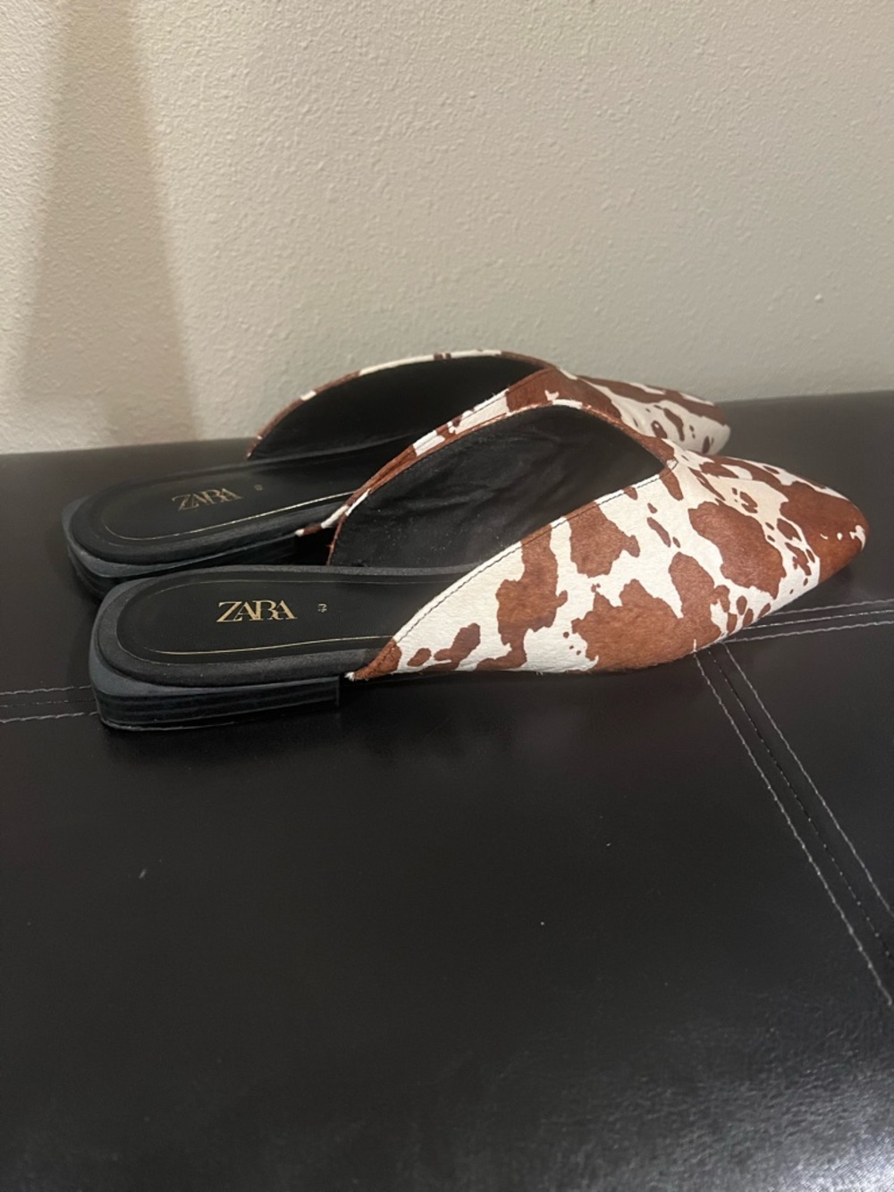 Zara Brown & White Cowprin Slip-On Mules - Picture 2 of 3